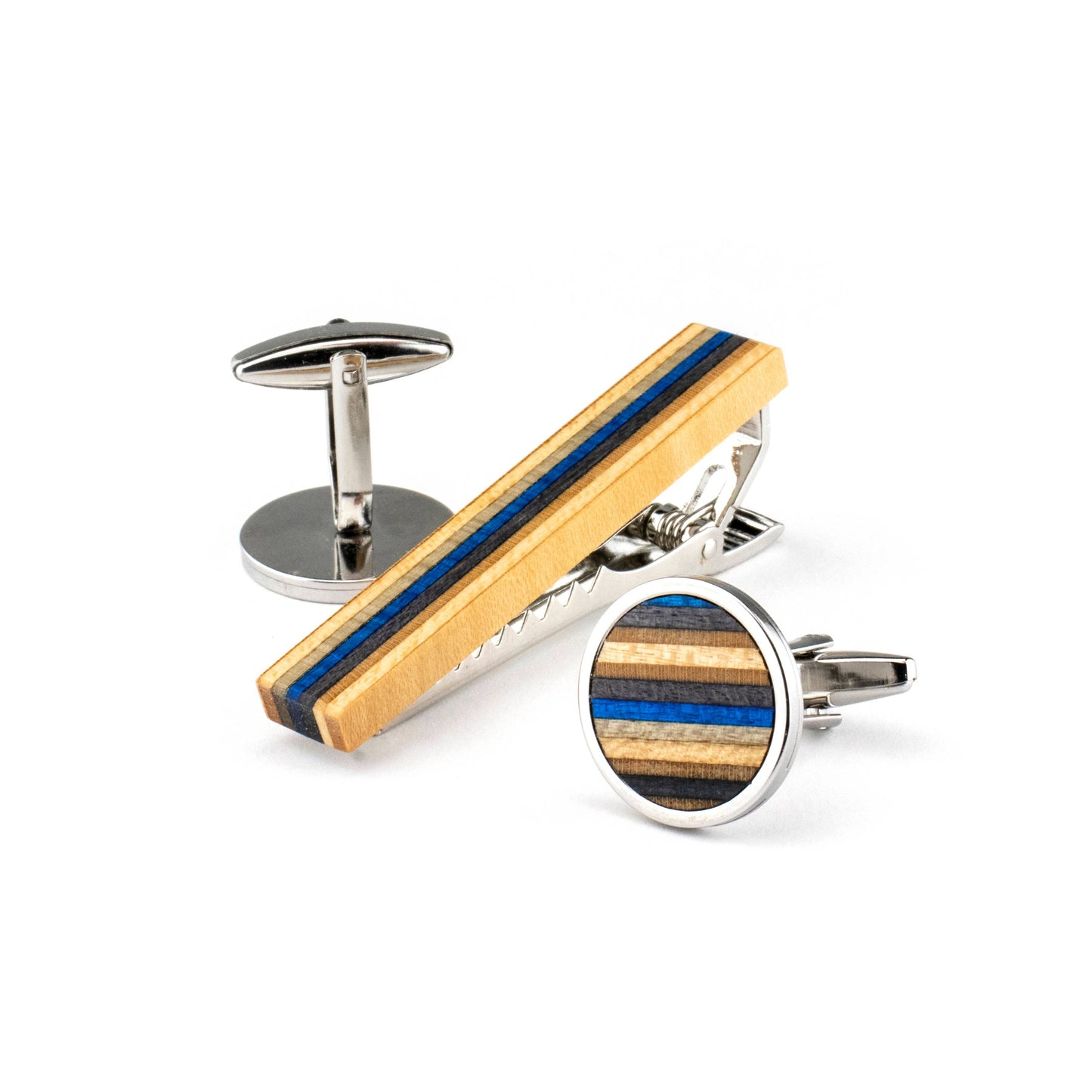Krawattenklammer-Set aus Holz, hergestellt aus recycelten Skateboards
